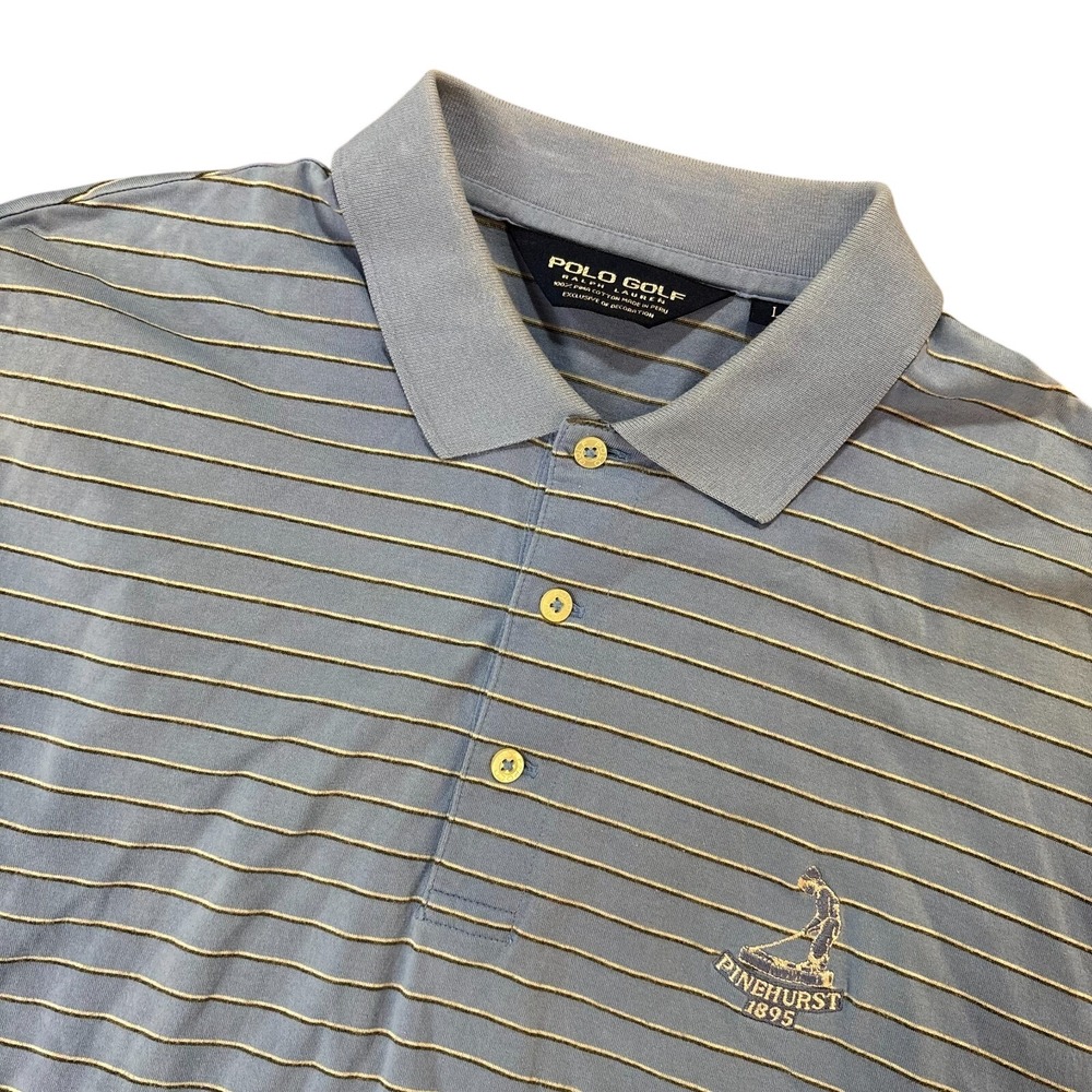 POLO GOLF RALPH LAUREN Polo Shirt Mens Large Blue Striped‎ Pinehurst Logo